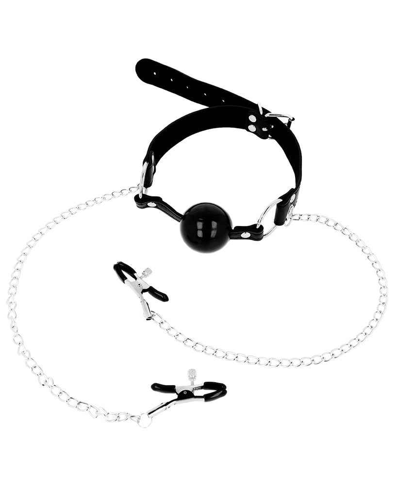 BLACK BALL GAG WITH NIPPLE CLAMPS