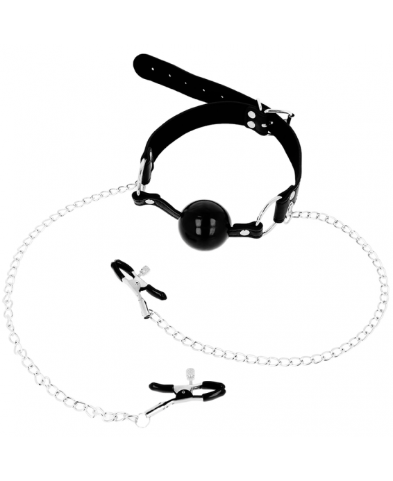 BLACK BALL GAG WITH NIPPLE CLAMPS